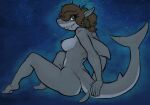  2020 anthro areola breasts butt dorsal_fin female fin fish green_eyes hair hand_on_tail hands_behind_back hi_res lakeslug looking_at_viewer marine nipples nude plantigrade scar shark shark_tail side_boob side_view smile solo teeth 