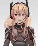  1girl :d absurdres armor bangs blonde_hair bright_pupils commentary commission crossed_bangs english_commentary gar32 girls&#039;_frontline grey_background hair_between_eyes headgear highres long_hair looking_at_viewer m4_sopmod_ii_(girls&#039;_frontline) multicolored_hair red_eyes simple_background smile solo streaked_hair upper_body white_pupils 