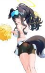  1girl animal_ears bandeau bare_shoulders bike_shorts black_hair blue_archive blush breasts dog_ears dog_girl dog_tail feet_out_of_frame g141 goggles goggles_on_head halo hibiki_(blue_archive) hibiki_(cheer_squad)_(blue_archive) holding holding_pom_poms looking_at_viewer looking_back miniskirt open_mouth outstretched_arm panties_visible_through_clothes pink_eyes pom_pom_(cheerleading) ponytail simple_background skirt small_breasts solo standing tail tail_through_clothes white_background white_skirt wristband 