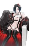  1girl armchair armpits ass_visible_through_thighs azur_lane bare_shoulders black_coat black_hair black_legwear blue_hair breasts chair cleavage closed_eyes coat cross feet_out_of_frame g-string gradient_hair hair_over_one_eye highres horns iron_cross medium_breasts multicolored_hair navel navel_piercing off_shoulder ohisashiburi open_clothes open_coat parted_lips piercing revealing_clothes short_hair simple_background sitting skindentation sleeping sleeping_upright solo stomach thighhighs thong ulrich_von_hutten_(azur_lane) underbust white_background 