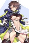  1girl absurdres ahoge ass_visible_through_thighs azur_lane baltimore_(azur_lane) bangs black_leotard blush boots braid breasts brown_hair center_opening clothing_cutout coat covered_nipples cowboy_shot eyebrows_visible_through_hair floating_hair garter_straps gloves groin hair_between_eyes hands_up highres large_breasts leotard long_sleeves looking_at_viewer nasaniliu navel open_clothes open_coat open_mouth pelvic_curtain purple_coat revision rigging short_hair simple_background solo stomach thigh_boots thighhighs thighs torn_clothes underboob_cutout white_gloves yellow_eyes 