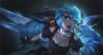  1girl bangs black_gloves blue_eyes blue_hair collarbone detached_sleeves drill_hair gloves gradient gradient_background grey_background gwen_(league_of_legends) highres league_of_legends long_hair puffy_short_sleeves puffy_sleeves red_lips shiny shiny_hair short_sleeves smile solo star-shaped_pupils star_(symbol) symbol-shaped_pupils teeth twin_drills upper_body wumei_(wujiaheng) 