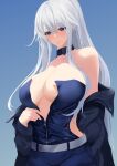  1girl absurdres axicoi azur_lane belt blue_background blue_eyes blue_jacket breasts enterprise_(azur_lane) enterprise_(wind_catcher)_(azur_lane) highres jacket large_breasts long_hair official_alternate_costume partially_unzipped race_queen simple_background solo white_belt white_hair zipper 