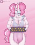  absurd_res anthro apron apron_only baking big_breasts breasts clothed clothing cookie digital_media_(artwork) equid equine female food hair hi_res horn huniepi mammal mostly_nude nipple_outline pink_hair simple_background solo unibro_pi unibro_pi_(character) unicorn unicorn_horn 