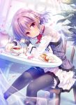  1boy black_legwear blush braid crossdressing dessert food highres looking_at_viewer male_focus original otoko_no_ko pale_skin pantyhose purple_eyes purple_hair short_hair smile tatekawa_mako tea_party teapot 