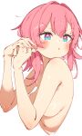  1girl aqua_eyes blush breasts completely_nude cropped_torso highres honkai:_star_rail honkai_(series) large_breasts march_7th_(honkai:_star_rail) medium_hair nude own_hands_together pink_eyes pink_hair pink_nails rasusurasu simple_background solo two-tone_eyes v-shaped_eyebrows white_background 