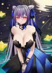  1girl absurdres bangs bare_shoulders black_dress blue_ribbon blue_skirt blush breasts cleavage collarbone detached_collar dress genshin_impact hair_cones hair_ribbon highres keqing_(genshin_impact) keqing_(opulent_splendor)_(genshin_impact) large_breasts long_hair looking_at_viewer purple_eyes purple_hair ribbon san_(harutuki_3) skirt solo swept_bangs twintails 