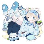  1boy animal_ears blonde_hair blue_eyes cat_boy cat_ears cat_tail cotono_(nazekun) dinosaur fang fangs game_console highres male_focus original pale_skin slippers tail tamagotchi 