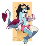 absurd_res anthro beverage big_tail blue_body bottomwear breasts cetacean clothing dolphin dragon energy_drink female hair hi_res horn hybrid katfishcom mammal marine messy_hair mythological_creature mythological_scalie mythology oceanic_dolphin orca raz_(meireynashark) scalie shorts solo tail thick_thighs toothed_whale wings