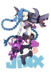  1girl arm_tattoo belt black_choker black_footwear blue_hair boots bullet character_name choker dual_wielding eyes_visible_through_hair fingernails fishnet_legwear fishnets grin gun highres holding holding_gun holding_weapon jinx_(league_of_legends) kasa league_of_legends long_hair machine_gun navel o-ring over_shoulder purple_eyes purple_legwear simple_background single_thighhigh smile solo stomach_tattoo tattoo teeth thighhighs twintails very_long_hair weapon weapon_over_shoulder white_background 