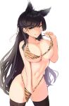  1girl animal_ears animal_print atago_(azur_lane) azur_lane bangs bikini bikini_lift bikini_pull black_hair black_legwear breasts closed_mouth clothes_lift clothes_pull collarbone commentary_request cowboy_shot hair_ribbon hand_in_bikini highres large_breasts lifted_by_self long_hair looking_at_viewer mole mole_under_eye navel print_bikini pulled_by_self ribbon schreibe_shura simple_background solo standing stomach swimsuit thighhighs tiger_print tongue tongue_out very_long_hair white_background white_ribbon 