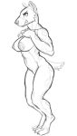  2021 absurd_res anthro bent_legs biped breasts claws digitigrade erect_nipples female fur hand_on_breast hi_res hyaenid lakeslug legs_together looking_away looking_over_shoulders mammal navel nipples nude simple_background solo spots thick_thighs toe_claws tusks white_background 