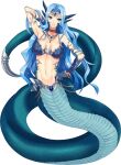  1girl arm_behind_head bikini bikini_top blue_eyes breasts character_request choker facial_mark hair_intakes horns jewelry lamia medium_breasts midriff monster_girl monster_musume_no_iru_nichijou monster_musume_no_iru_nichijou_online navel necklace official_art sea_(monster_musume) solo swimsuit transparent_background 