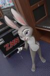  absurd_res anthro cuff_(restraint) disney ears_up eyelashes female fever-dreamer flat_chested fur furniture grey_body grey_fur hand_on_hip handcuffs hi_res holding_object inside judy_hopps lagomorph leporid looking_at_viewer mammal metal_cuffs multicolored_body multicolored_ears multicolored_fur nude open_mouth open_smile purple_eyes rabbit restraints smile smiling_at_viewer solo solo_focus teeth two_tone_body two_tone_ears two_tone_fur white_body white_fur zootopia 
