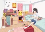  1girl absurdres analog_clock backpack bag bedroom blue_eyes blue_shorts blush book book_stack brown_hair chair clock coin_purse collarbone curtains desk english_text game_cartridge game_console gamecube hair_ornament hairclip handheld_game_console highres indoors kirby medium_hair momeox2 nintendo_64 nintendo_ds on_bed open_mouth original pencil pikachu playing_games pokemon poster_(object) randoseru rug sentret shirt shorts sitting smile socks solo stuffed_animal stuffed_toy t-shirt v-shaped_eyebrows wall_clock white_socks window wooden_floor 