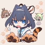  animal_ears animal_hands animal_print bow bow_earrings brown_hair cat_teaser ceres_fauna earrings feather_hair_ornament feathers hair_ornament hololive hololive_english jewelry long_hair multiple_girls nanashi_mumei ouro_kronii paw_print paw_print_background ponytail ribbon_earrings roro860512 tiger_ears tiger_print virtual_youtuber 