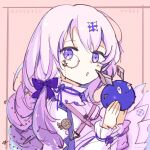  1girl arcaea blush braid crescent highres lagrange_(arcaea) looking_to_the_side monocle moon pale_skin pink_background purple_eyes purple_hair star_(symbol) weyiyuntfn 