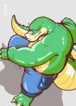  2022 alligator alligatorid anthro belly bottomwear brok_(character) brok_the_investigator clothing crocodilian green_body hi_res humanoid_hands male overweight overweight_male pants reptile scalie solo video_games xdy_16drago 