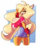  activision bandicoot big_breasts blonde_hair breasts clothed clothing crash_bandicoot_(series) female gesture hair hair_over_eye hi_res huge_breasts mammal marsupial one_eye_obstructed solo solratic tawna_bandicoot v_sign video_games 