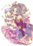  1girl breasts cape character_name closed_eyes closed_mouth dated dress earrings final_fantasy final_fantasy_vi green_hair happy_birthday highres jewelry long_hair looking_at_viewer moogle moshimoshi_(if2028) necklace polka_dot_pantyhose purple_cape red_dress red_sleeves simple_background solo terra_branford ultros upper_body 