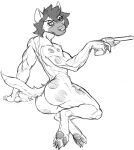  2021 anthro athletic bent_legs breasts butt digitigrade feet female fur gun hair handgun hi_res holding_object holding_weapon hyaenid lakeslug looking_away lying mammal on_side pawpads ranged_weapon rear_view reclining revolver simple_background soles solo spots weapon white_background 