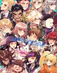  6+boys 6+girls :d ahoge animal bangs barbed_wire black_hair black_jacket black_necktie black_sailor_collar blonde_hair blue_hair blunt_bangs blush blush_stickers bow braid brown_eyes brown_hair camera cat_hair_ornament character_name closed_eyes collarbone collared_shirt danganronpa_(series) danganronpa_2:_goodbye_despair dark-skinned_female dark_skin ear_bow earrings everyone eyebrows_visible_through_hair facial_hair fat fat_man flipped_hair food formal galaga glasses goatee green_bow green_eyes green_necktie grey_hair grey_shirt grin hair_bow hair_horns hair_ornament hair_ribbon hakumai_(mgmg_okomee) hamster hanamura_teruteru hand_up happy happy_birthday highres hinata_hajime holding holding_camera holding_food holding_staff jacket japanese_clothes jewelry kimono koizumi_mahiru komaeda_nagito kuzuryuu_fuyuhiko layered_skirt long_hair looking_at_viewer medium_hair messy_hair mioda_ibuki mole mole_under_eye multiple_boys multiple_girls nanami_chiaki necktie nidai_nekomaru orange_kimono owari_akane pekoyama_peko profile red_hair ribbon sailor_collar saionji_hiyoko sharp_teeth shirt short_hair sidecut skirt smile sonia_nevermind souda_kazuichi staff suit tanaka_gandamu teeth togami_byakuya_(danganronpa_2) tongue tsumiki_mikan twintails upper_teeth usami_(danganronpa) white_shirt 