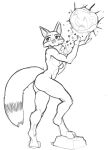  2021 absurd_res anthro areola bent_leg breasts butt claws digitigrade female hi_res lakeslug looking_aside looking_away magic mammal neck_tuft nipples nude pawpads procyonid raccoon side_boob simple_background solo standing_on_object tail_stripes tuft white_background 