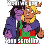  2018 5_fingers absurd_res aiming_at_viewer anthro antlers black_clothing black_shirt black_topwear blonde_hair brown_body brown_fur brown_hair buckteeth capreoline cervid checkered_clothing checkered_topwear clothing deltarune dual_wielding duo english_text eyelashes fangs female fingers freckles frogbians fur gesture gun hair handgun hi_res holding_gun holding_object holding_weapon horn jacket mammal meme middle_finger noelle_holiday pattern_clothing pattern_topwear pistol pointing_gun_at_viewer purple_body purple_clothing purple_jacket purple_topwear ranged_weapon red_nose reindeer reptile scalie shirt simple_background smile stated_homosexuality stated_sexuality susie_(deltarune) sweater sweater_vest teeth text topwear undertale_(series) vest video_games weapon white_background white_clothing white_shirt white_topwear yeah_we_gay_keep_scrolling yellow_sclera yellow_teeth 