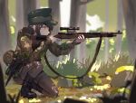  1girl absurdres aiming black_hair blurry blurry_background brown_jacket brown_legwear camouflage commentary commission depth_of_field english_commentary forest from_side gar32 grass green_eyes green_headwear gun highres holding holding_gun holding_weapon hood hood_down jacket medium_hair nature one_knee original pantyhose profile rifle signature sniper_rifle soldier solo tent weapon 