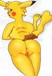  absurd_res anthro anus ass_up breasts butt female genitals grabbing_sheets hi_res lying nintendo on_front pikachu pok&eacute;mon pok&eacute;mon_(species) pussy shy side_boob solo strawberriemilk thick_thighs video_games 