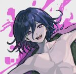  1boy :d bangs blood borrowed_garments collarbone commentary_request danganronpa_(series) danganronpa_v3:_killing_harmony grey_background hair_between_eyes highres jacket long_sleeves lying male_focus no_shirt on_back open_clothes open_jacket ouma_kokichi pink_blood pink_eyes pink_jacket short_hair smile solo space_print starry_sky_print teeth upper_teeth visket53 