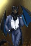  4322chan anthro black_body black_fur blue_clothing blue_eyes camisole clothing dragon elegant fur fur_markings hi_res looking_at_viewer male markings membrane_(anatomy) membranous_wings pose serious_face simple_background solo suit tail_tuft tuft wings 