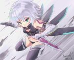  1girl absurdres asymmetrical_gloves bare_shoulders black_footwear black_panties closed_mouth dated dual_wielding eyebrows_visible_through_hair fate/apocrypha fate/grand_order fate_(series) gloves green_eyes highres holding jack_the_ripper_(fate/apocrypha) knife looking_at_viewer melt_(ghfla10) navel panties scar scar_across_eye short_hair silver_hair solo thighhighs underwear 