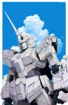  absurdres arms_at_sides blue_sky border clenched_hands cloud cowboy_shot cumulonimbus_cloud dated day green_eyes gundam highres horns mecha mecha_focus mobile_suit mobile_suit_gundam no_humans outdoors outside_border robot science_fiction signature single_horn sky solo standing steven_(sz0097) unicorn_gundam white_border 