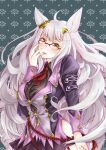  1girl ahoge animal_ears biwa_hayahide_(umamusume) black_shirt buttons chiki_yuuko clothing_cutout collared_shirt commentary_request ear_ornament glasses hair_ornament highres horse_ears horse_girl jacket licking_lips purple_jacket red-framed_eyewear red_neckwear semi-rimless_eyewear shirt silver_hair simple_background solo thigh_cutout tongue tongue_out umamusume under-rim_eyewear yellow_eyes 