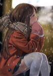  1girl breath brown_eyes brown_hair coat long_hair mittens murata_range original scarf skirt snowing solo thighhighs white_legwear 