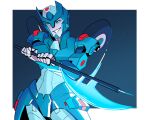  1girl absurdres axe battle_axe blue_eyes chromia energy_axe helmet highres humanoid_robot notsotinyblob robot robot_girl science_fiction solo the_transformers_(idw) transformers weapon wheel 