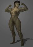  2021 breasts bremonqueen_(artist) female flexing front_view full-length_portrait genitals green_body green_skin grey_background grin hair hi_res humanoid humanoid_pointy_ears muscular muscular_female muscular_humanoid nipples not_furry orc ponytail portrait pubes pussy simple_background smile solo standing vem_(thermorium) 