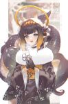  1girl 2022 2nii :d animal_ears artist_name bangs black_gloves black_hair black_kimono blue_eyes blunt_bangs blurry blurry_background breath choker cold cowboy_shot english_text extra_ears floral_print fur_shawl fur_trim gloves gradient_hair hair_ribbon hair_rings hair_up hairband halo hands_up happy_new_year heart heart-shaped_pupils hololive hololive_english japanese_clothes kimono long_sleeves looking_afar mole mole_under_eye multicolored_hair new_year ninomae_ina&#039;nis obi open_mouth orange_hair own_hands_together pointy_ears praying purple_eyes ribbon sash shawl sidelocks smile snowing solo streaked_hair symbol-shaped_pupils tentacle_hair tentacles virtual_youtuber wide_sleeves 