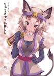  1girl animal_ears armor black_gloves boar_ears boar_tail bow bowtie breasts brown_eyes brown_hair brown_tail character_name chiki_yuuko choker collarbone commentary_request copyright_name cowboy_shot elbow_gloves gloves headband japanese_clothes kemono_friends obi open_mouth purple_headband red_sash ryukyu_boar_(kemono_friends) sash solo sweatdrop tail white_bow white_bowtie white_choker 