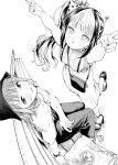  2girls absurdres alien animal_print antennae bag bag_charm blush bow bucket_hat charm_(object) commentary dog_print double_v facing_up fisheye greyscale hair_bow hand_on_bench hat high_ponytail high_side_ponytail highres leg_up long_hair looking_at_viewer monochrome morimoto_atsushi multiple_girls on_bench original pants polka_dot polka_dot_bow ringed_eyes sandals shirt shoulder_bag side_ponytail sitting skirt standing sweat t-shirt v watch wristwatch 