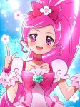  1girl :d blue_background blush bow brooch choker collarbone cure_blossom earrings flower flower_earrings hair_bow hanasaki_tsubomi heartcatch_precure! high_ponytail jewelry kagami_chihiro long_hair looking_at_viewer magical_girl open_mouth pink_bow pink_choker pink_eyes pink_hair precure shiny shiny_hair smile snowflakes solo upper_body very_long_hair wrist_cuffs 