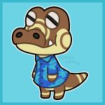  2021 alligator alligatorid animal_crossing anthro barefoot big_head bottomless bottomless_anthro bottomless_male brown_body brown_nose brown_skin brown_tail chibi clothed clothing crocodilian eyes_closed featureless_crotch feet food fruit happy male mobianskunk multicolored_body multicolored_skin multicolored_tail nintendo pineapple plant reptile roswell_(animal_crossing) scalie sharp_teeth shirt simple_background smile solo standing tan_body tan_skin tan_tail teal_background teeth thick_tail topwear video_games 