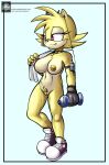  anthro big_breasts breasts canid canine canis clothing ellie_the_wolf female fours_(artist) fur gloves handwear headphones hi_res mammal mostly_nude muscular muscular_female pubes sega solo sonic_the_hedgehog_(series) towel water_bottle wolf yellow_body yellow_fur 
