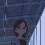  1girl black_shirt blue_jacket brown_eyes brown_hair ceiling closed_mouth commentary highres jacket long_hair looking_at_viewer muji_(uimss) original shirt short_sleeves solo train_station_platform upper_body 