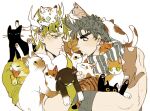  2boys animal animal_on_head battle_tendency black_hair blonde_hair caesar_anthonio_zeppeli cat cat_on_head facial_mark fingerless_gloves gloves headband holding holding_animal holding_cat jojo_no_kimyou_na_bouken joseph_joestar joseph_joestar_(young) michiru_(amphibian) multiple_boys on_head scarf striped striped_scarf too_many too_many_cats yellow_eyes 