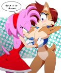  2021 accessory amy_rose anthro archie_comics big_breasts blue_eyes blush bottomless bottomless_anthro bottomless_female breast_squish breasts brown_body brown_fur chipmunk clothed clothing dialogue dress duo english_text eulipotyphlan eyelashes featureless_crotch female fingers fur gloves green_eyes ground_squirrel hair hand_on_breast handwear headband hedgehog hi_res huge_breasts kojiro-brushard mammal multicolored_body multicolored_fur one_eye_obstructed pink_body pink_fur pink_hair red_hair rodent sally_acorn sciurid sega short_hair short_tail sonic_the_hedgehog_(archie) sonic_the_hedgehog_(comics) sonic_the_hedgehog_(series) squish standing tan_body tan_fur teeth text tight_clothing tight_fit tongue topwear two_tone_body two_tone_fur vest 