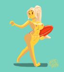  2018 alternate_version_at_source animate_inanimate blonde_hair blush breasts female full-length_portrait genitals green_background hair hi_res humanoid lego living_toy minifigure nipples not_furry nude phantomthepencil portrait pussy simple_background solo walking yellow_body 