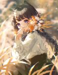  1girl 2nii :d animal_ears bangs black_hair black_ribbon black_skirt blunt_bangs blurry bouquet braid collared_shirt dappled_sunlight day depth_of_field field flower from_side hand_on_own_cheek hand_on_own_face hands hands_up holding holding_bouquet holding_flower hololive hololive_english long_hair long_sleeves looking_at_viewer looking_to_the_side loose_clothes mole mole_under_eye multicolored_hair nature ninomae_ina&#039;nis open_mouth orange_hair outdoors pantyhose puffy_sleeves purple_eyes ribbon shirt sidelocks sitting skirt smile streaked_hair sunlight teeth twin_braids twintails very_long_hair virtual_youtuber wheat_field white_shirt 