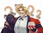  1boy 2022 bangs black_panther blonde_hair buttons collared_shirt cup drinking_glass earrings english_commentary facial_hair grin holding holding_cup jacket jewelry long_sleeves looking_at_viewer male_focus mustache red_eyes red_jacket rugal_bernstein shirt short_hair smile snaaaking the_king_of_fighters twitter_username upper_body white_background white_shirt wine_glass yellow_eyes 